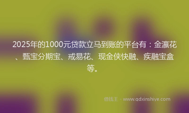2025年的1000元贷款立马到账的平台有：金瀛花、甄宝分期宝、戒易花、现金侠快融、疾融宝盒等。