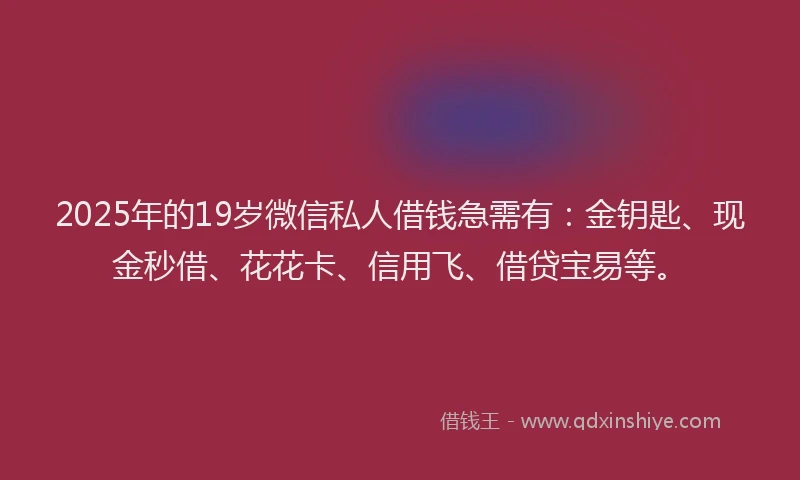 2025年的19岁微信私人借钱急需有：金钥匙、现金秒借、花花卡、信用飞、借贷宝易等。