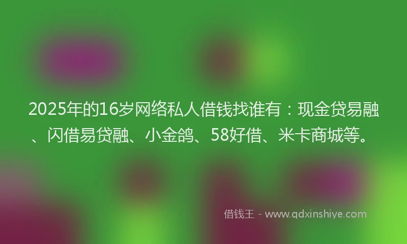 2025年的16岁网络私人借钱找谁有：现金贷易融、闪借易贷融、小金鸽、58好借、米卡商城等。