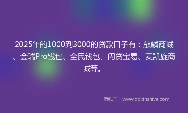 2025年的1000到3000的贷款口子有：麒麟商城、金瑞Pro钱包、全民钱包、闪贷宝易、麦凯旋商城等。