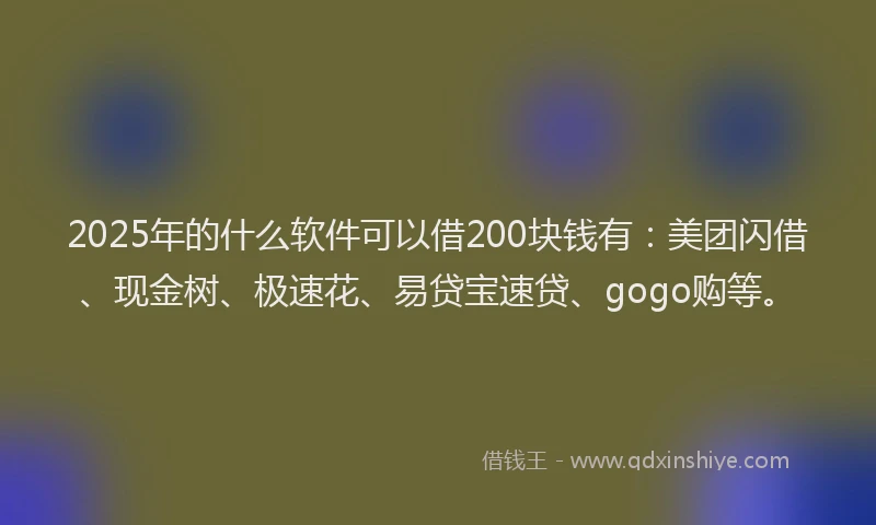 2025年的什么软件可以借200块钱有：美团闪借、现金树、极速花、易贷宝速贷、gogo购等。