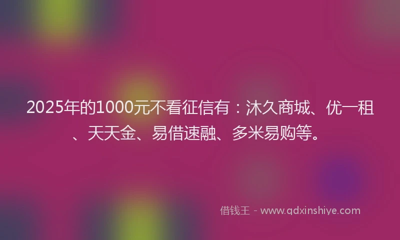 2025年的1000元不看征信有：沐久商城、优一租、天天金、易借速融、多米易购等。