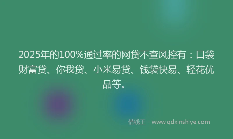 2025年的100%通过率的网贷不查风控有：口袋财富贷、你我贷、小米易贷、钱袋快易、轻花优品等。