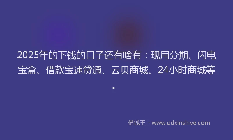 2025年的下钱的口子还有啥有:现用分期、闪电宝盒、借款宝速贷通、云贝商城、24小时商城等。