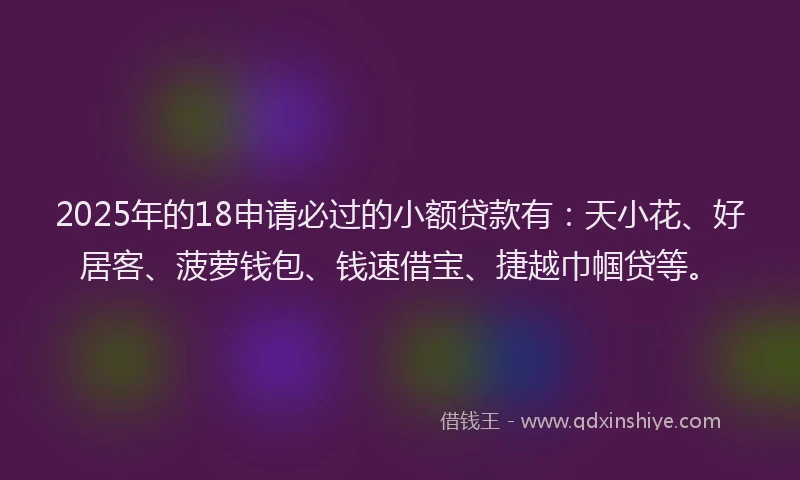 2025年的18申请必过的小额贷款有：天小花、好居客、菠萝钱包、钱速借宝、捷越巾帼贷等。