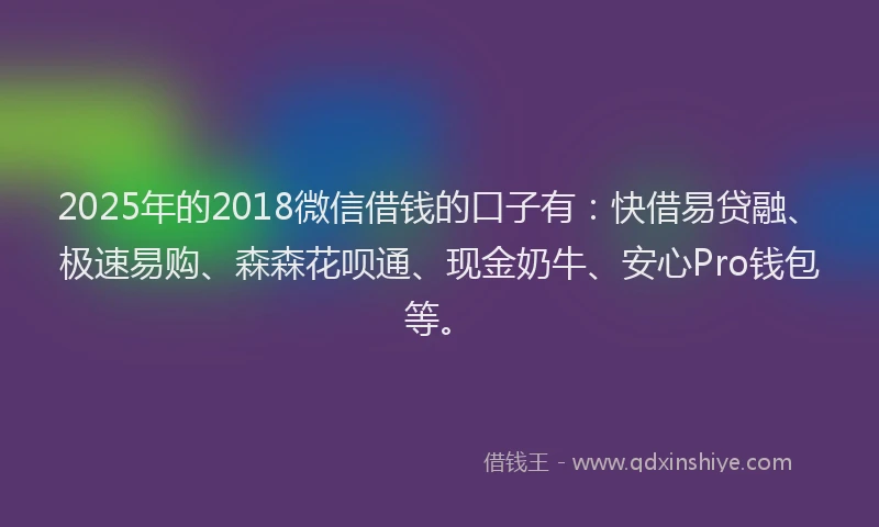 2025年的2018微信借钱的口子有：快借易贷融、极速易购、森森花呗通、现金奶牛、安心Pro钱包等。