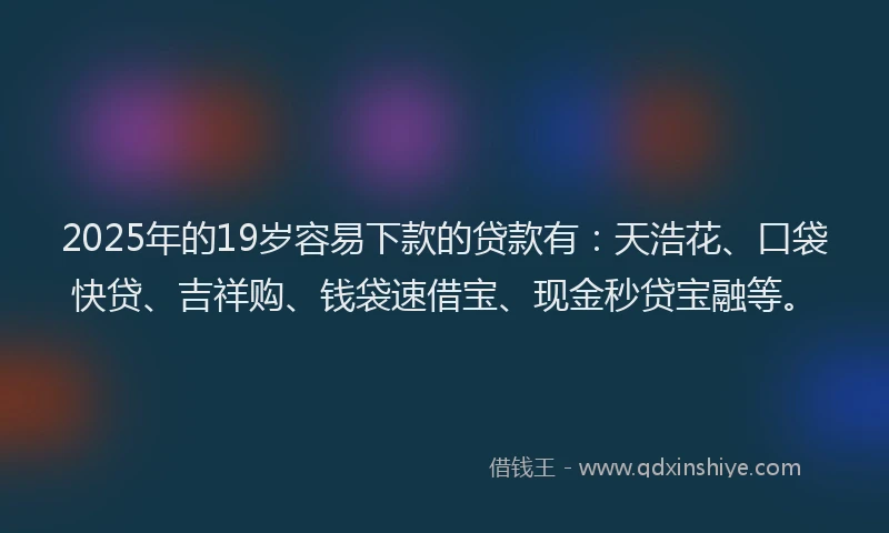 2025年的19岁容易下款的贷款有：天浩花、口袋快贷、吉祥购、钱袋速借宝、现金秒贷宝融等。