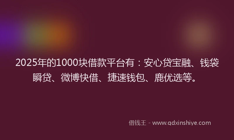 2025年的1000块借款平台有：安心贷宝融、钱袋瞬贷、微博快借、捷速钱包、鹿优选等。