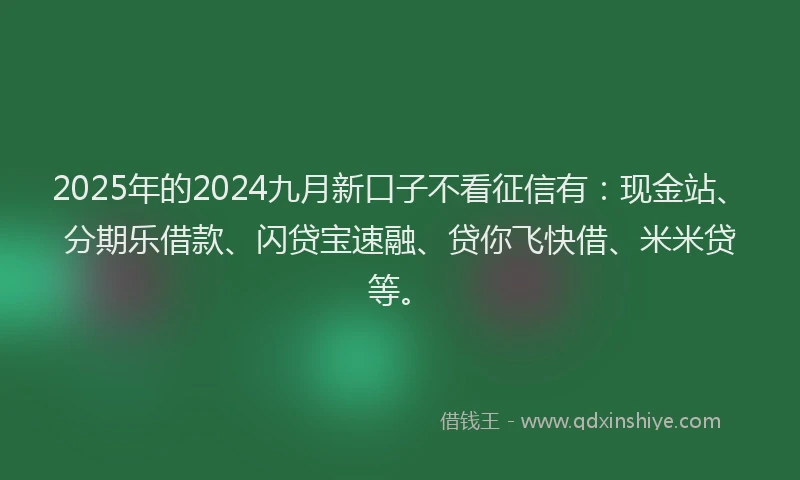 2025年的2024九月新口子不看征信有：现金站、分期乐借款、闪贷宝速融、贷你飞快借、米米贷等。