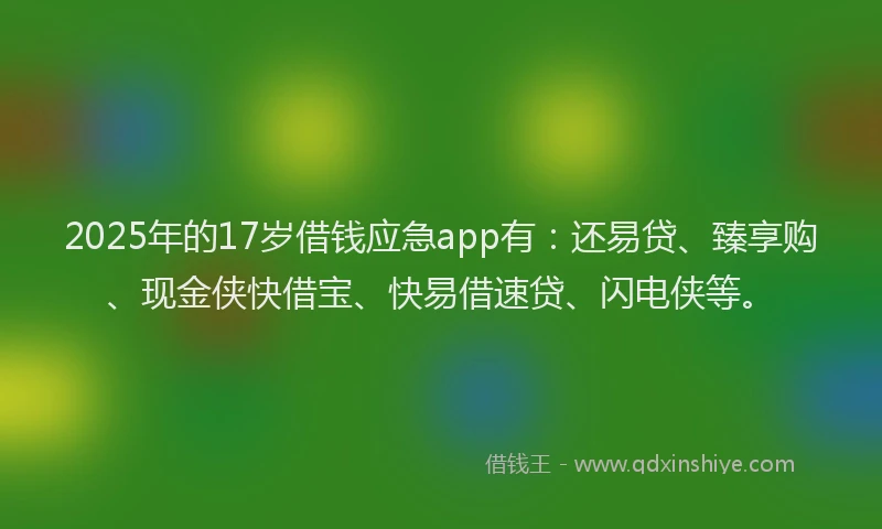 2025年的17岁借钱应急app有：还易贷、臻享购、现金侠快借宝、快易借速贷、闪电侠等。