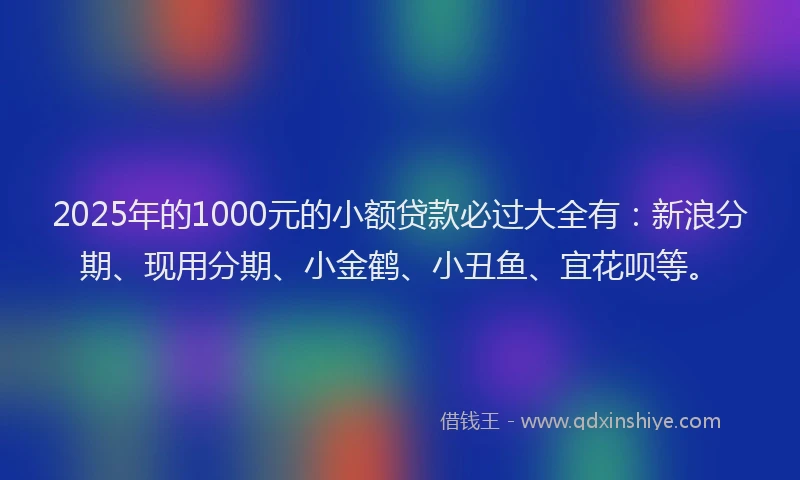 2025年的1000元的小额贷款必过大全有：新浪分期、现用分期、小金鹤、小丑鱼、宜花呗等。