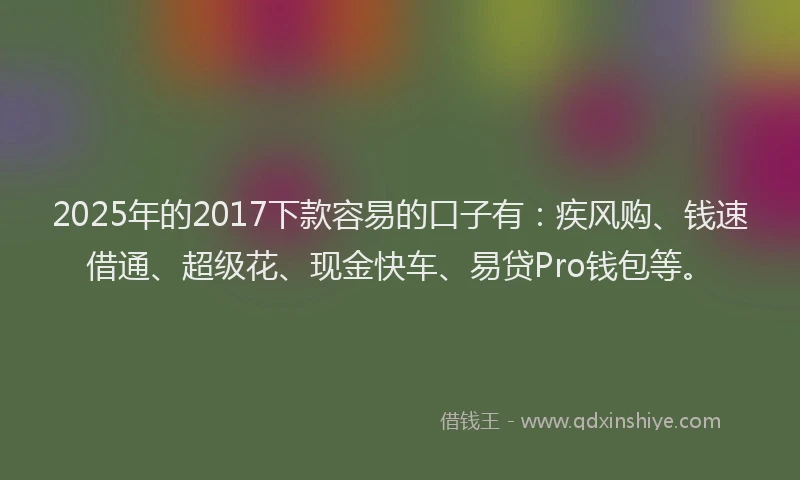 2025年的2017下款容易的口子有：疾风购、钱速借通、超级花、现金快车、易贷Pro钱包等。