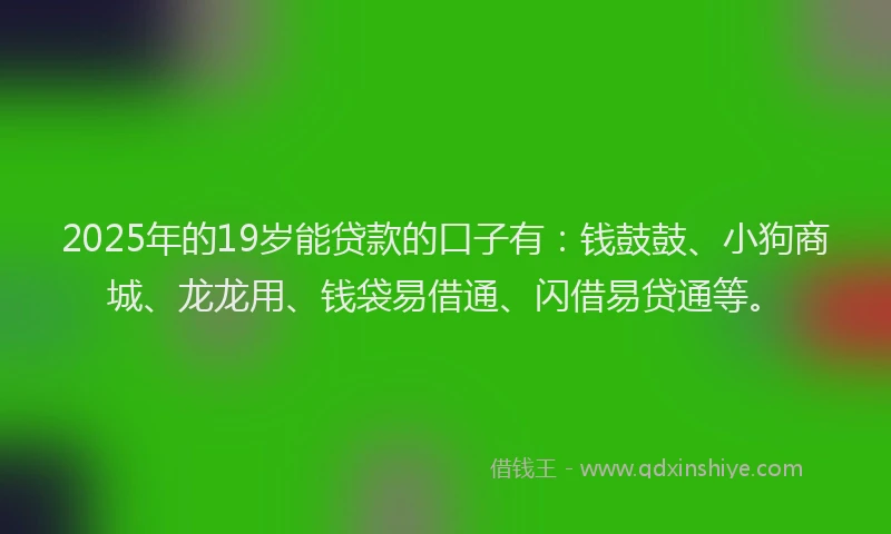 2025年的19岁能贷款的口子有：钱鼓鼓、小狗商城、龙龙用、钱袋易借通、闪借易贷通等。