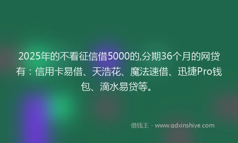 2025年的不看征信借5000的,分期36个月的网贷有：信用卡易借、天浩花、魔法速借、迅捷Pro钱包、滴水易贷等。