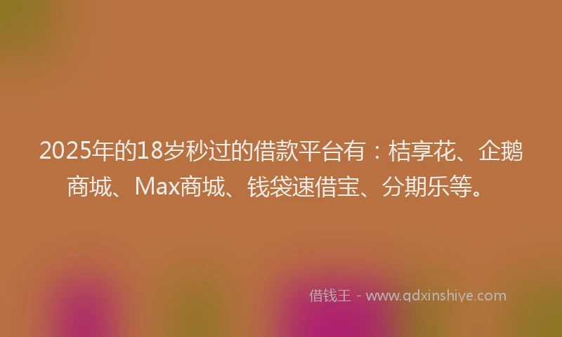 2025年的18岁秒过的借款平台有：桔享花、企鹅商城、Max商城、钱袋速借宝、分期乐等。