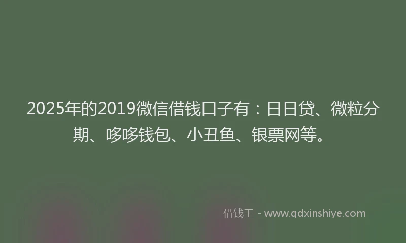 2025年的2019微信借钱口子有：日日贷、微粒分期、哆哆钱包、小丑鱼、银票网等。