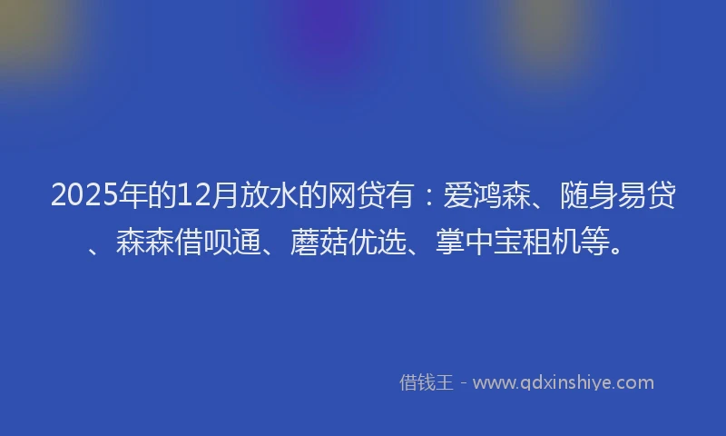 2025年的12月放水的网贷有：爱鸿森、随身易贷、森森借呗通、蘑菇优选、掌中宝租机等。