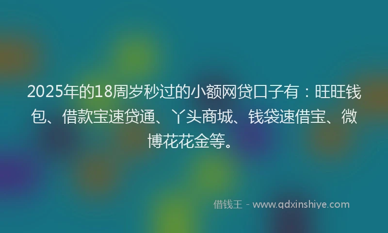 2025年的18周岁秒过的小额网贷口子有：旺旺钱包、借款宝速贷通、丫头商城、钱袋速借宝、微博花花金等。