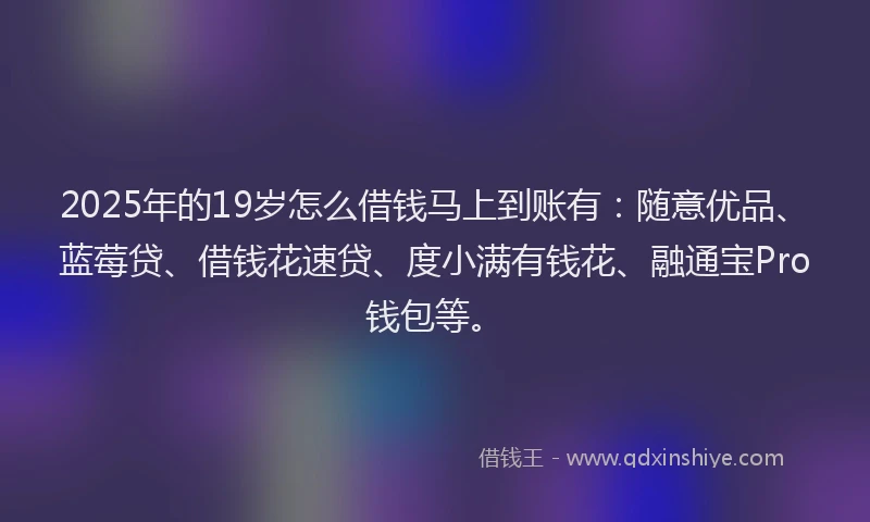 2025年的19岁怎么借钱马上到账有：随意优品、蓝莓贷、借钱花速贷、度小满有钱花、融通宝Pro钱包等。