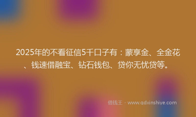 2025年的不看征信5千口子有：蒙享金、全金花、钱速借融宝、钻石钱包、贷你无忧贷等。