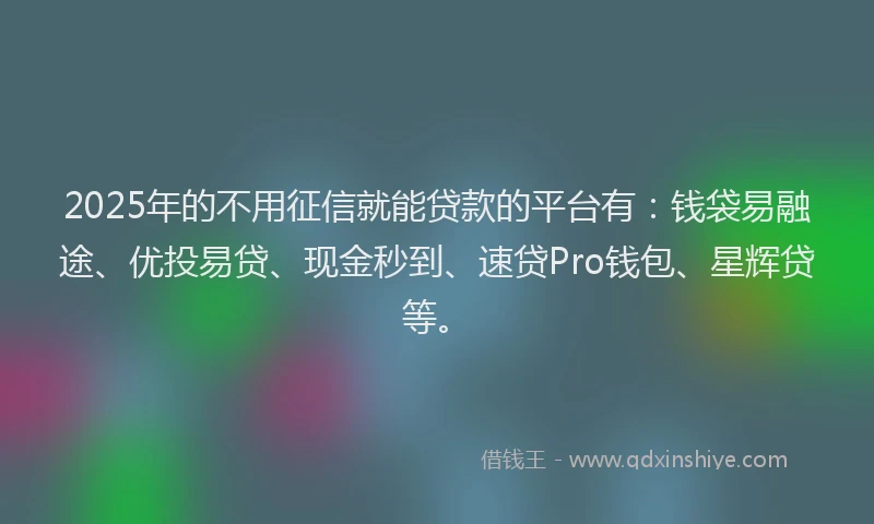 2025年的不用征信就能贷款的平台有：钱袋易融途、优投易贷、现金秒到、速贷Pro钱包、星辉贷等。