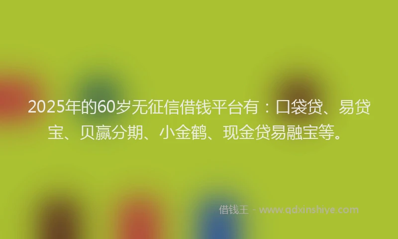 2025年的60岁无征信借钱平台有：口袋贷、易贷宝、贝赢分期、小金鹤、现金贷易融宝等。