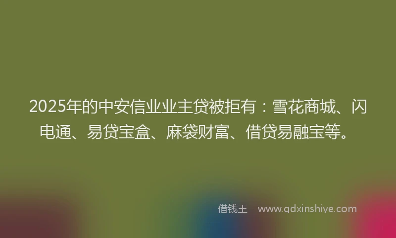 2025年的中安信业业主贷被拒有：雪花商城、闪电通、易贷宝盒、麻袋财富、借贷易融宝等。
