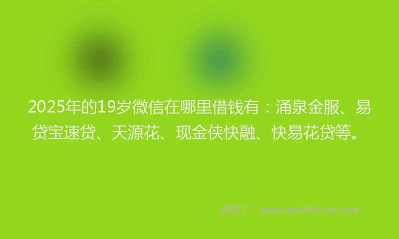 2025年的19岁微信在哪里借钱有：涌泉金服、易贷宝速贷、天源花、现金侠快融、快易花贷等。