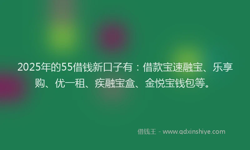 2025年的55借钱新口子有：借款宝速融宝、乐享购、优一租、疾融宝盒、金悦宝钱包等。