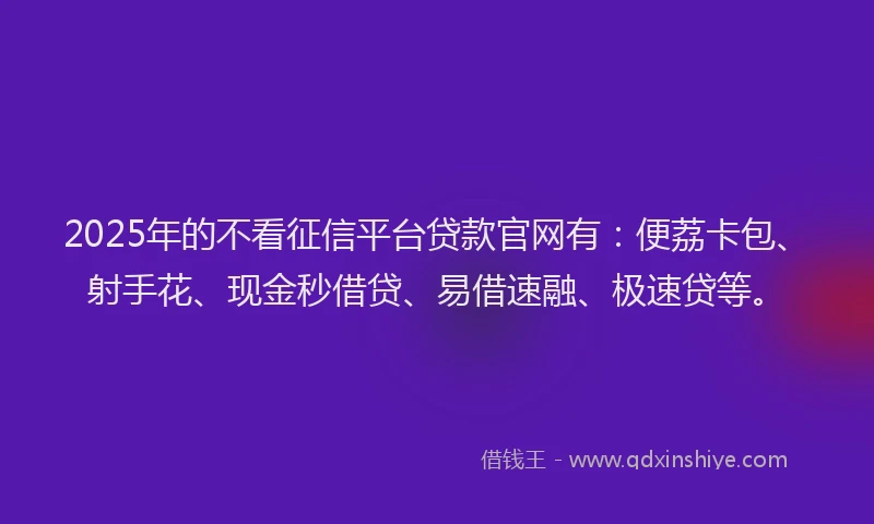 2025年的不看征信平台贷款官网有：便荔卡包、射手花、现金秒借贷、易借速融、极速贷等。