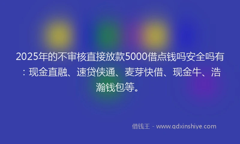 2025年的不审核直接放款5000借点钱吗安全吗有：现金直融、速贷侠通、麦芽快借、现金牛、浩瀚钱包等。