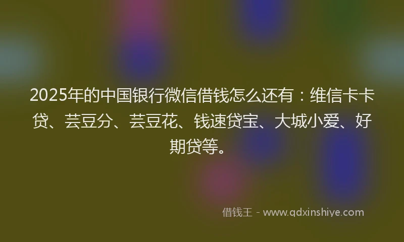 2025年的中国银行微信借钱怎么还有：维信卡卡贷、芸豆分、芸豆花、钱速贷宝、大城小爱、好期贷等。