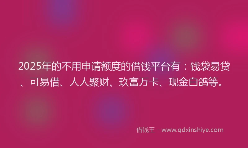 2025年的不用申请额度的借钱平台有：钱袋易贷、可易借、人人聚财、玖富万卡、现金白鸽等。