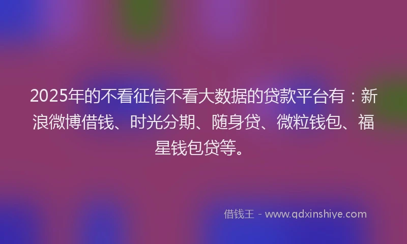 2025年的不看征信不看大数据的贷款平台有：新浪微博借钱、时光分期、随身贷、微粒钱包、福星钱包贷等。