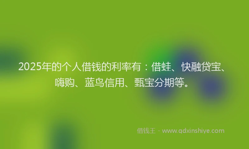 2025年的个人借钱的利率有：借蛙、快融贷宝、嗨购、蓝鸟信用、甄宝分期等。