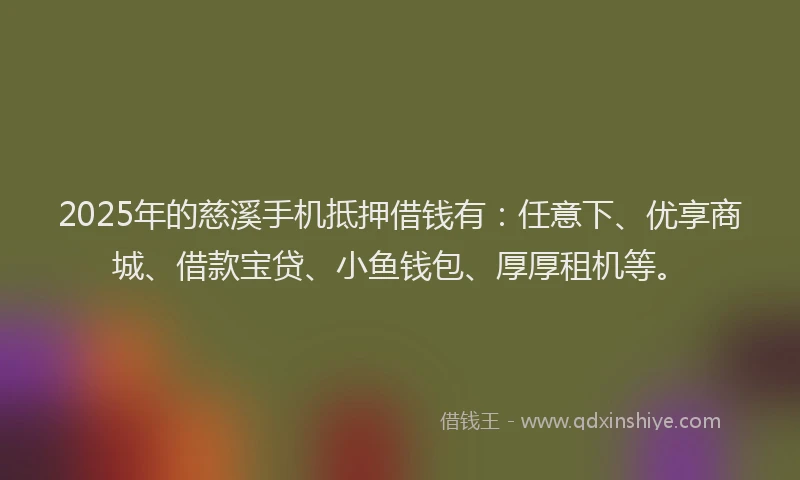 2025年的慈溪手机抵押借钱有：任意下、优享商城、借款宝贷、小鱼钱包、厚厚租机等。