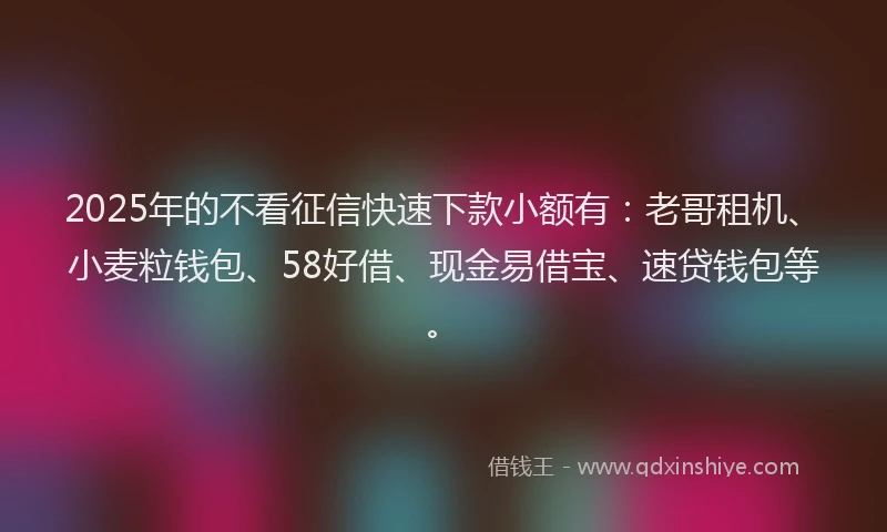2025年的不看征信快速下款小额有：老哥租机、小麦粒钱包、58好借、现金易借宝、速贷钱包等。