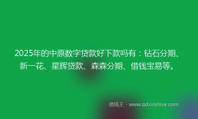 2025年的中原数字贷款好下款吗有：钻石分期、新一花、星辉贷款、森森分期、借钱宝易等。
