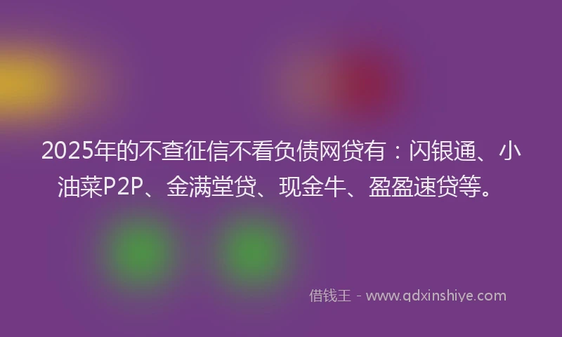 2025年的不查征信不看负债网贷有：闪银通、小油菜P2P、金满堂贷、现金牛、盈盈速贷等。