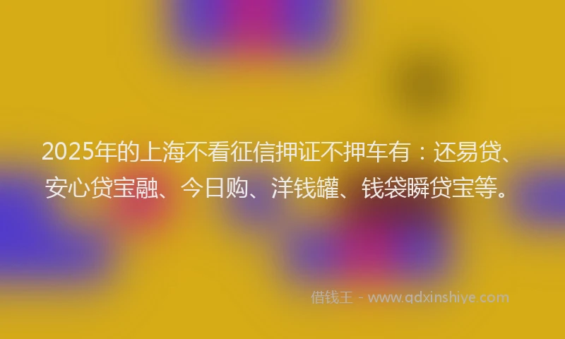 2025年的上海不看征信押证不押车有：还易贷、安心贷宝融、今日购、洋钱罐、钱袋瞬贷宝等。
