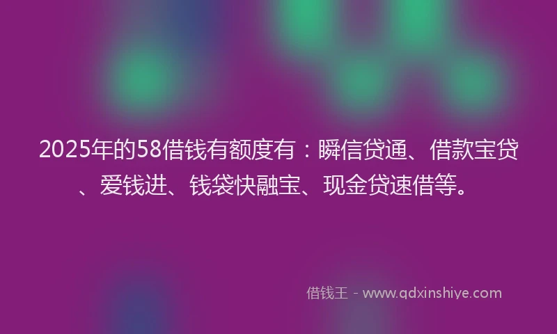 2025年的58借钱有额度有：瞬信贷通、借款宝贷、爱钱进、钱袋快融宝、现金贷速借等。