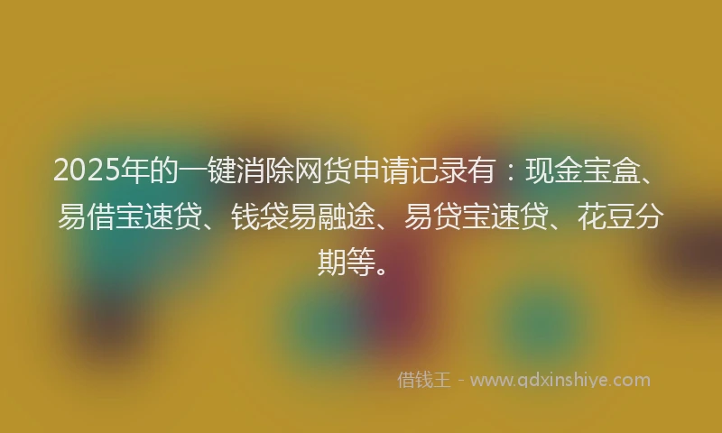 2025年的一键消除网货申请记录有：现金宝盒、易借宝速贷、钱袋易融途、易贷宝速贷、花豆分期等。