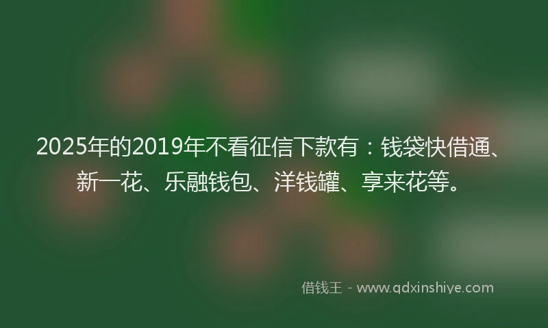 2025年的2019年不看征信下款有：钱袋快借通、新一花、乐融钱包、洋钱罐、享来花等。