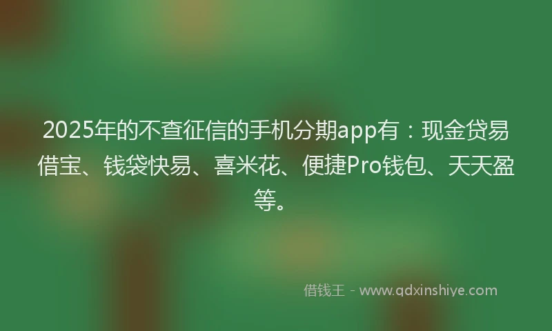 2025年的不查征信的手机分期app有：现金贷易借宝、钱袋快易、喜米花、便捷Pro钱包、天天盈等。