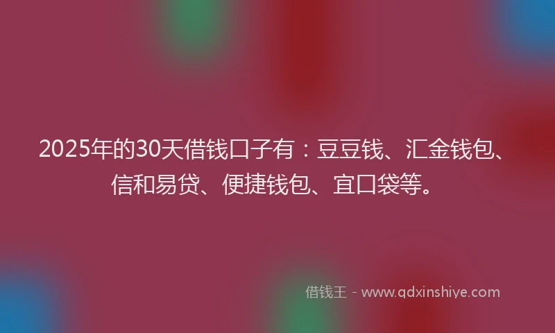2025年的30天借钱口子有：豆豆钱、汇金钱包、信和易贷、便捷钱包、宜口袋等。
