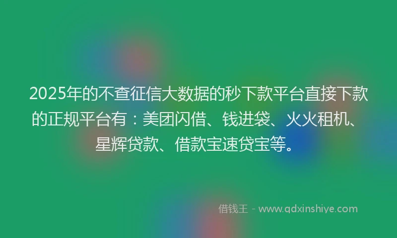 2025年的不查征信大数据的秒下款平台直接下款的正规平台有：美团闪借、钱进袋、火火租机、星辉贷款、借款宝速贷宝等。