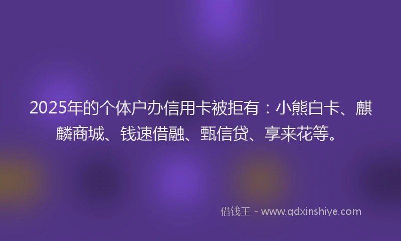2025年的个体户办信用卡被拒有：小熊白卡、麒麟商城、钱速借融、甄信贷、享来花等。