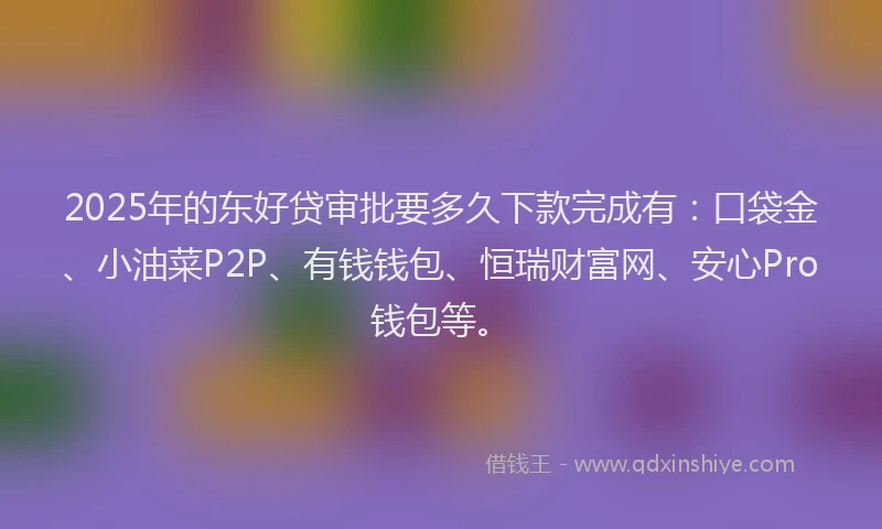 2025年的东好贷审批要多久下款完成有：口袋金、小油菜P2P、有钱钱包、恒瑞财富网、安心Pro钱包等。