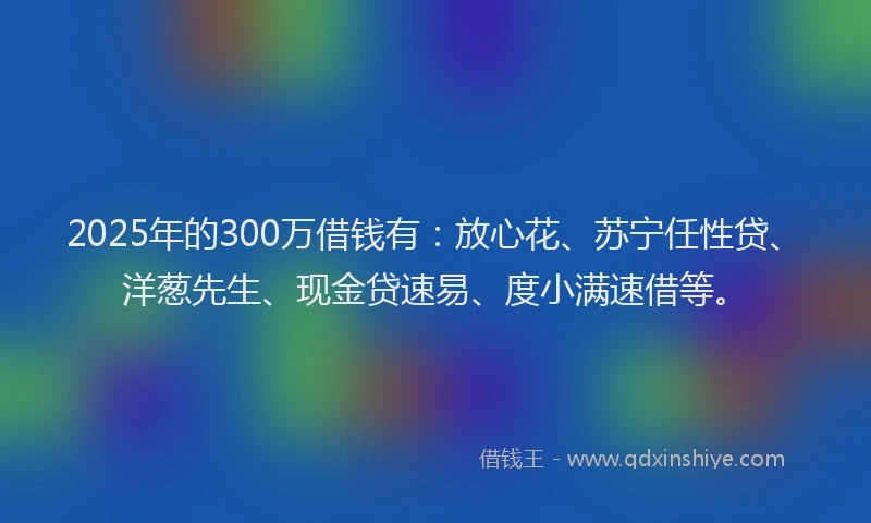 2025年的300万借钱有：放心花、苏宁任性贷、洋葱先生、现金贷速易、度小满速借等。