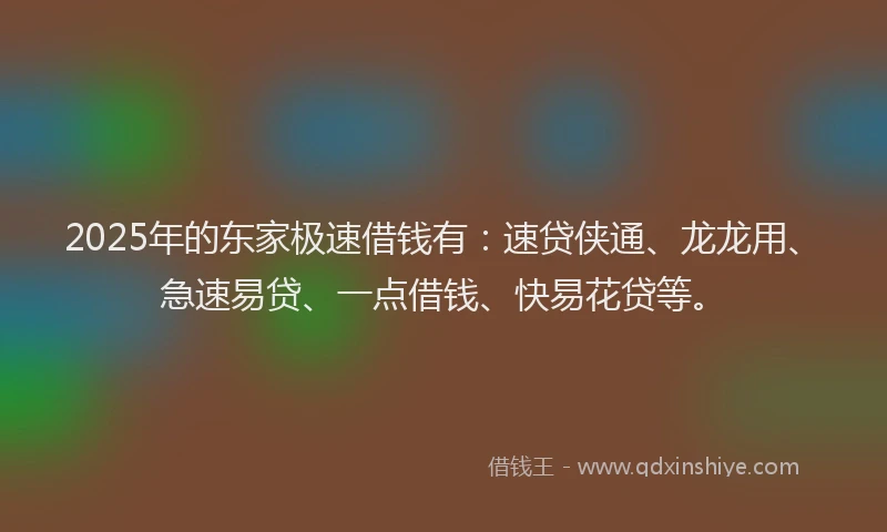 2025年的东家极速借钱有:速贷侠通、龙龙用、急速易贷、一点借钱、快易花贷等。